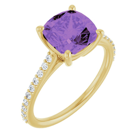 14K Gold Cushion Natural Amethyst & Natural Diamond Accented Cathedral-Style Ring - Yellow Gold