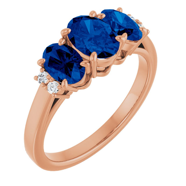 14K Gold Oval Lab-Grown Blue Sapphire & Natural Diamond Three-Stone Ring - Rose Gold
