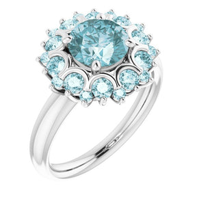 14K Gold Round Natural Sky Blue Topaz & Natural Diamond Halo-Style Ring