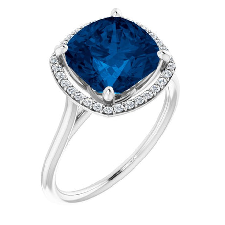 14K Gold Cushion Lab-Grown Blue Sapphire & Natural Diamond Halo-Style Ring – 8x8mm - view 2