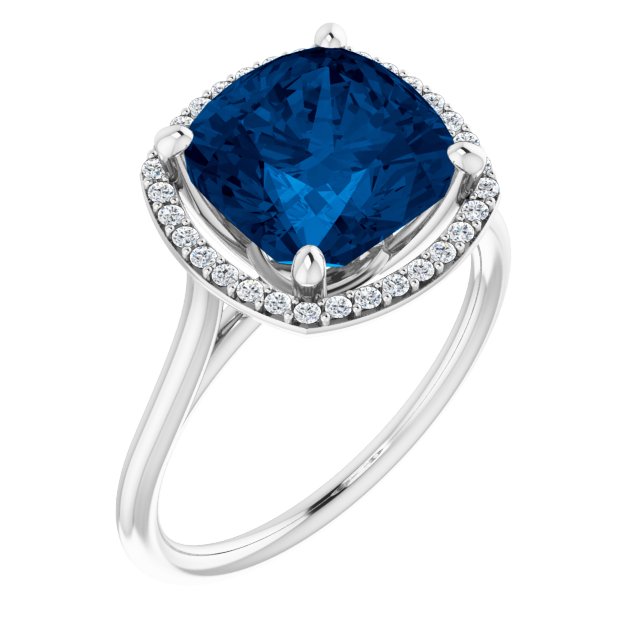 14K Gold Cushion Lab-Grown Blue Sapphire & Natural Diamond Halo-Style Ring – 8x8mm - view 2