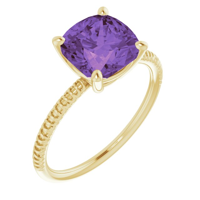 14K Gold Cushion Natural Amethyst Solitaire Ring – 8x8mm - Yellow Gold