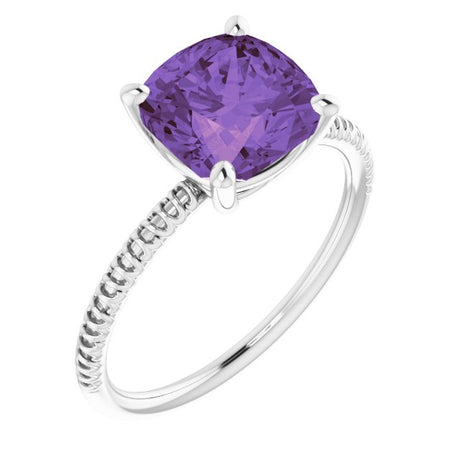 14K Gold Cushion Natural Amethyst Solitaire Ring – 8x8mm - White Gold