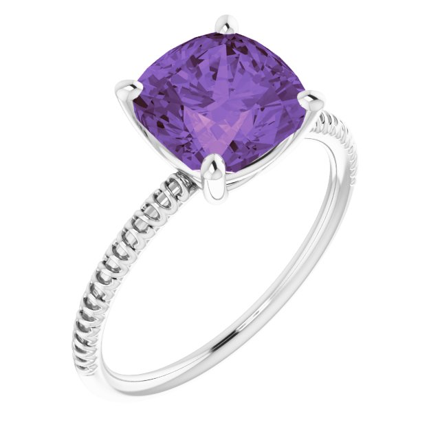 14K Gold Cushion Natural Amethyst Solitaire Ring – 8x8mm - White Gold