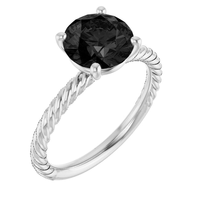 14K Gold Round Natural Black Onyx Rope Solitaire Ring - White Gold