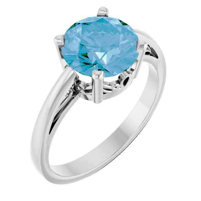 14K Gold Round Natural Swiss Blue Topaz Solitaire Scroll Setting Ring - White Gold
