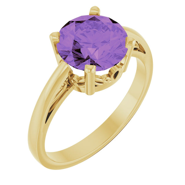 14K Gold Round Natural Amethyst Solitaire Scroll Setting Ring - Yellow Gold