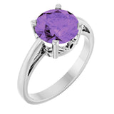 14K Gold Round Natural Amethyst Solitaire Scroll Setting Ring - White Gold