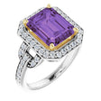 14K Gold Emerald Natural Amethyst & Natural Diamond Halo-Style Ring