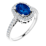 14K Gold Oval Lab-Grown Blue Sapphire & Natural Diamond Halo-Style Ring – 8mm Stones - White Gold