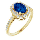 14K Gold Oval Lab-Grown Blue Sapphire & Natural Diamond Halo-Style Ring – 8mm Stones - Yellow Gold