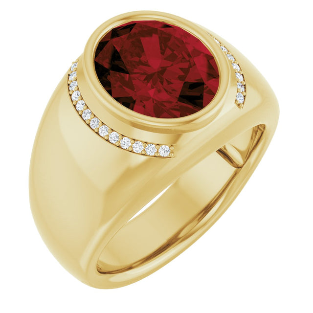 14K Gold Oval Natural Mozambique Garnet & Natural Diamond Accented Bezel-Set Ring – 12x10mm - Yellow Gold
