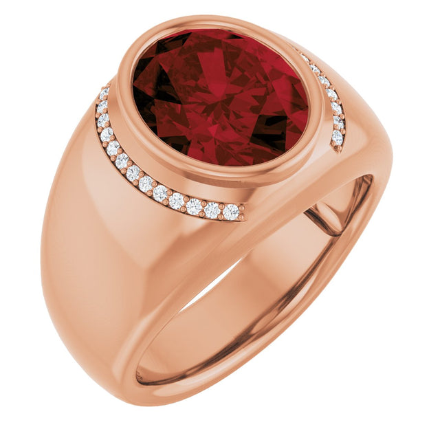 14K Gold Oval Natural Mozambique Garnet & Natural Diamond Accented Bezel-Set Ring – 12x10mm - Rose Gold