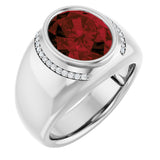 14K Gold Oval Natural Mozambique Garnet & Natural Diamond Accented Bezel-Set Ring – 12x10mm - White Gold