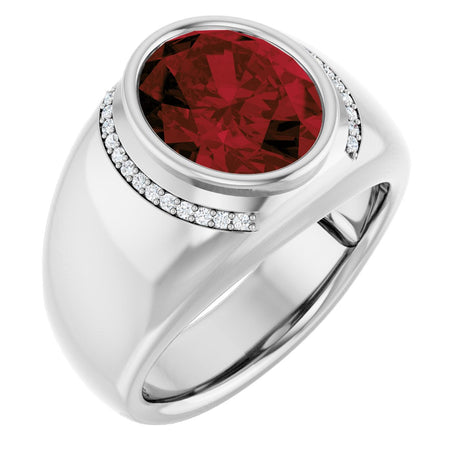 14K Gold Oval Natural Mozambique Garnet & Natural Diamond Accented Bezel-Set Ring – 12x10mm - White Gold
