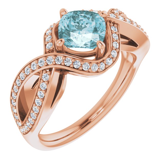 14K Gold Cushion Natural Sky Blue Topaz & Natural Diamond Accented Ring - Rose Gold