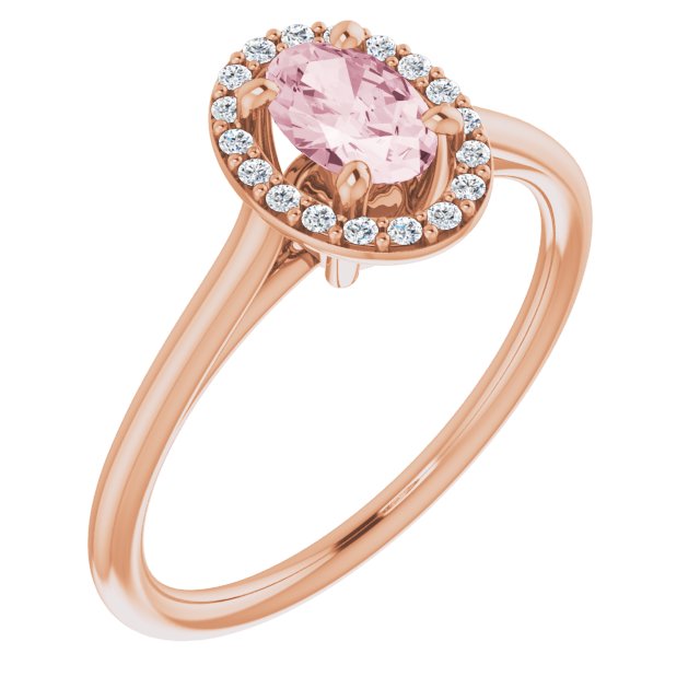 14K Gold Oval Natural Pink Morganite & Natural Diamond Halo-Style Ring – 6x4mm - Rose Gold