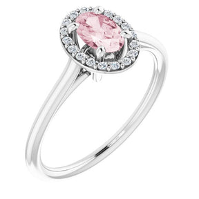 14K Gold Oval Natural Pink Morganite & Natural Diamond Halo-Style Ring – 6x4mm - White Gold