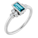 14K Gold Straight Baguette Natural London Blue Topaz & Natural Diamond Bezel-Set Accented Ring - White Gold