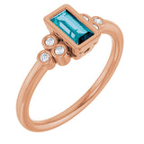 14K Gold Straight Baguette Natural London Blue Topaz & Natural Diamond Bezel-Set Accented Ring - Rose Gold