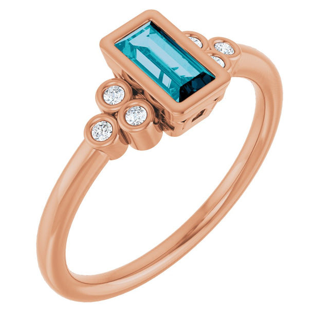 14K Gold Straight Baguette Natural London Blue Topaz & Natural Diamond Bezel-Set Accented Ring - Rose Gold