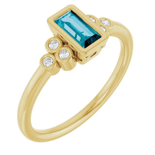 14K Gold Straight Baguette Natural London Blue Topaz & Natural Diamond Bezel-Set Accented Ring - Yellow Gold