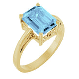 14K Gold Emerald Natural Aquamarine Scroll Setting Solitaire Ring - Yellow Gold