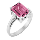 14K Gold Emerald Natural Pink Tourmaline Scroll Setting Solitaire Ring - White Gold