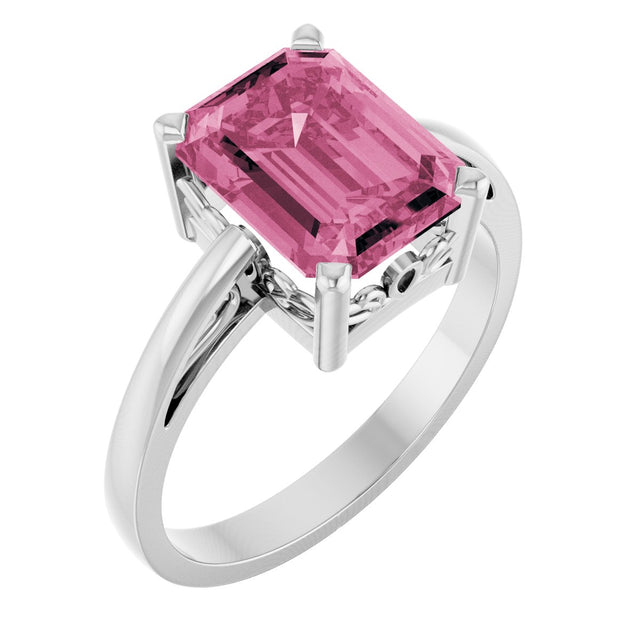14K Gold Emerald Natural Pink Tourmaline Scroll Setting Solitaire Ring - White Gold