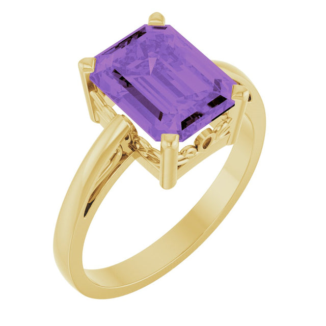 14K Gold Emerald Natural Amethyst Scroll Setting Solitaire Ring - Yellow Gold