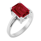 14K Gold Emerald Lab-Grown Ruby Scroll Setting Solitaire Ring - White Gold