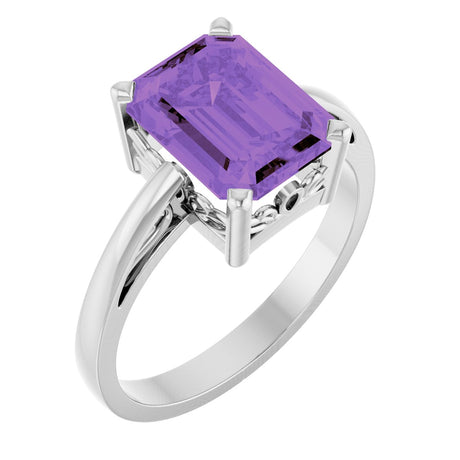 14K Gold Emerald Natural Amethyst Scroll Setting Solitaire Ring - White Gold