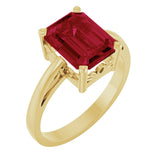 14K Gold Emerald Lab-Grown Ruby Scroll Setting Solitaire Ring - Yellow Gold