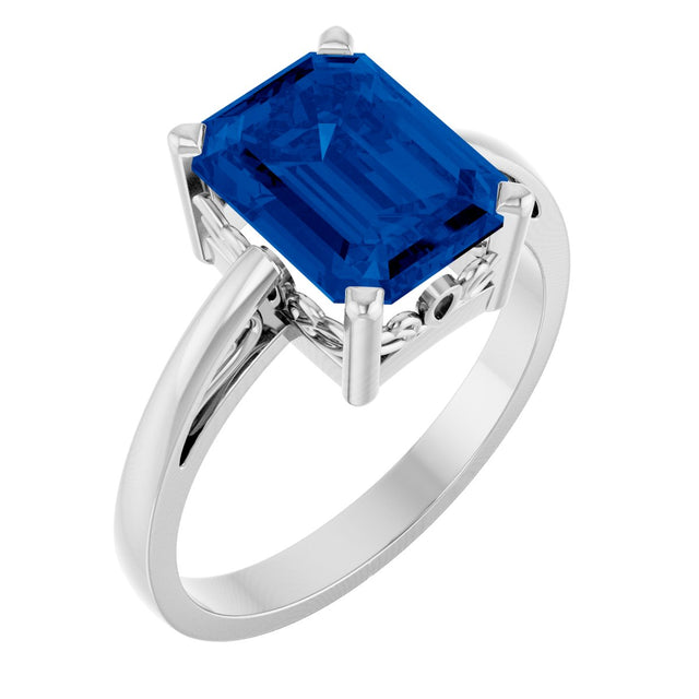 14K Gold Emerald Lab-Grown Blue Sapphire Scroll Setting Solitaire Ring - White Gold