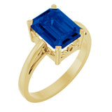 14K Gold Emerald Lab-Grown Blue Sapphire Scroll Setting Solitaire Ring - Yellow Gold