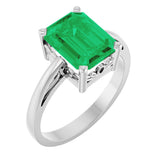 14K Gold Emerald Lab-Grown Emerald Scroll Setting Solitaire Ring - White Gold