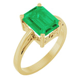 14K Gold Emerald Lab-Grown Emerald Scroll Setting Solitaire Ring - Yellow Gold
