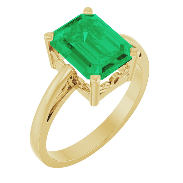 14K Gold Emerald Lab-Grown Emerald Scroll Setting Solitaire Ring - Yellow Gold