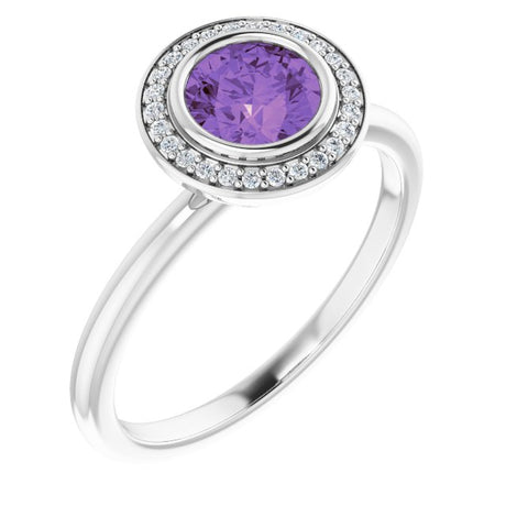 Platinum Round Natural Amethyst & Natural Diamond Bezel-Set Halo-Style Ring