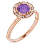14K Gold Round Natural Amethyst & Natural Diamond Bezel-Set Halo-Style Ring - Rose Gold