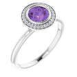 14K Gold Round Natural Amethyst & Natural Diamond Bezel-Set Halo-Style Ring - White Gold