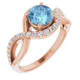 14K Gold Round Natural Aquamarine & Natural Diamond Accented Ring - Rose Gold