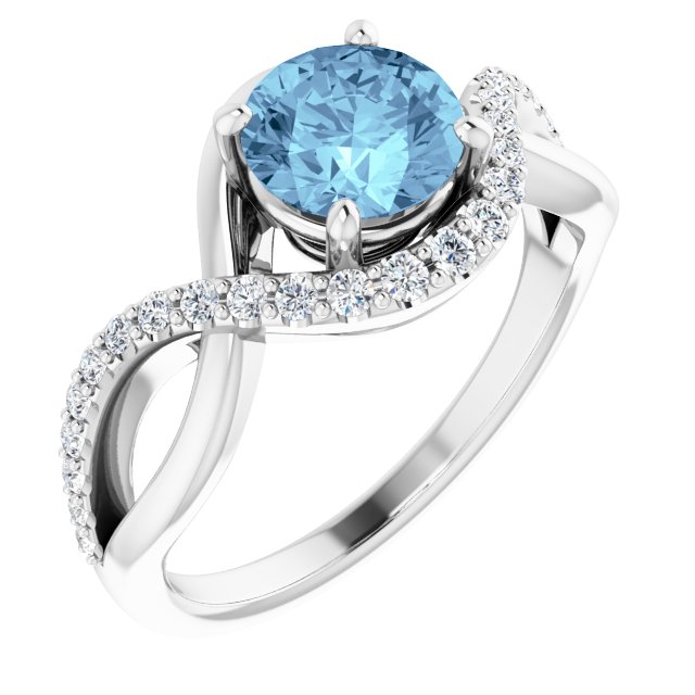 Platinum Round Natural Aquamarine & Natural Diamond Accented Ring
