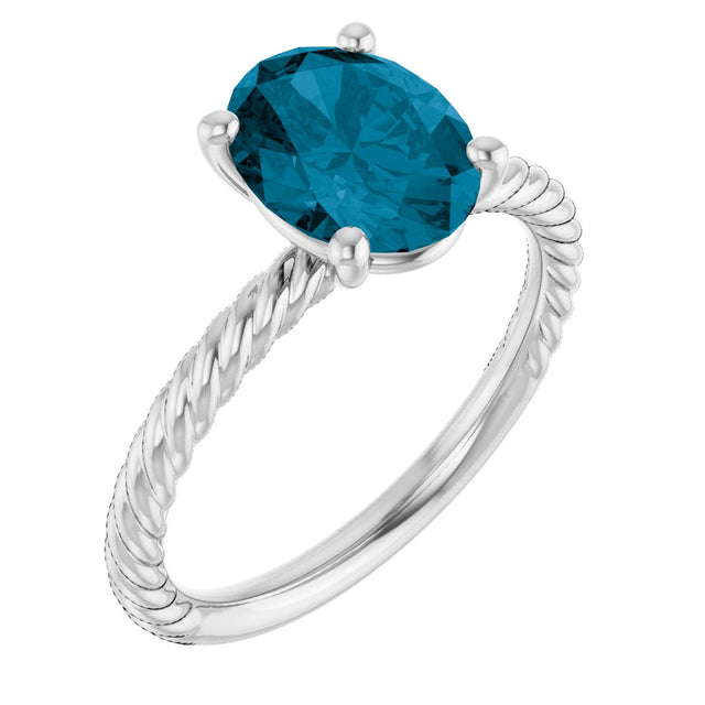 14K Gold Oval Natural London Blue Topaz Rope Solitaire Ring - White Gold