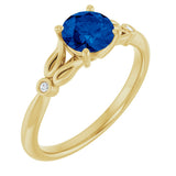 14K Gold Round Lab-Grown Blue Sapphire & Natural Diamond Accented Ring - Yellow Gold