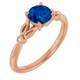 14K Gold Round Lab-Grown Blue Sapphire & Natural Diamond Accented Ring - Rose Gold