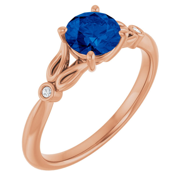 14K Gold Round Lab-Grown Blue Sapphire & Natural Diamond Accented Ring - Rose Gold