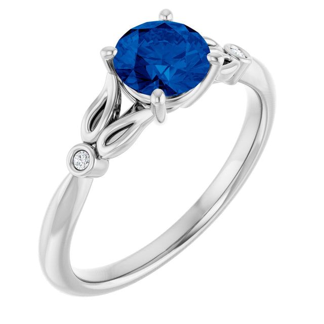 14K Gold Round Lab-Grown Blue Sapphire & Natural Diamond Accented Ring - White Gold