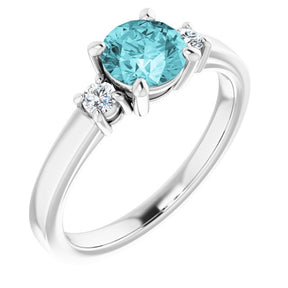 14K Gold Round Natural Blue Zircon & Natural Diamond Accented Ring - White Gold