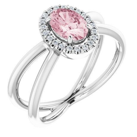 Platinum Oval Natural Pink Morganite & Natural Diamond Halo-Style Ring – 7x5mm